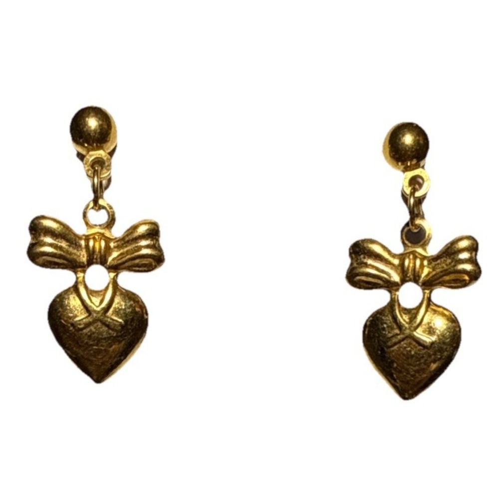 Vintage Dainty Gold Tone Bow and Heart Stud Dangling Earrings J18-19